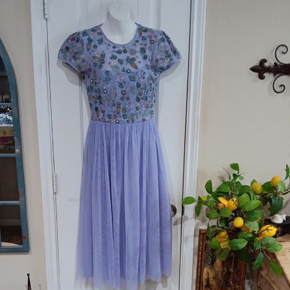 French Connection Diya Lace Mix Bridal Midi Dress Lavender Violet Size [4]